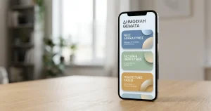 Χέρι που κρατά smartphone με αφηρημένες κάρτες σε κατακόρυφη διάταξη