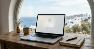 Ουδέτερος φορητός υπολογιστής και σημειωματάριο με αφηρημένη απεικόνιση ασφαλούς σύνδεσης χωρίς πραγματικό περιβάλλον καζίνο